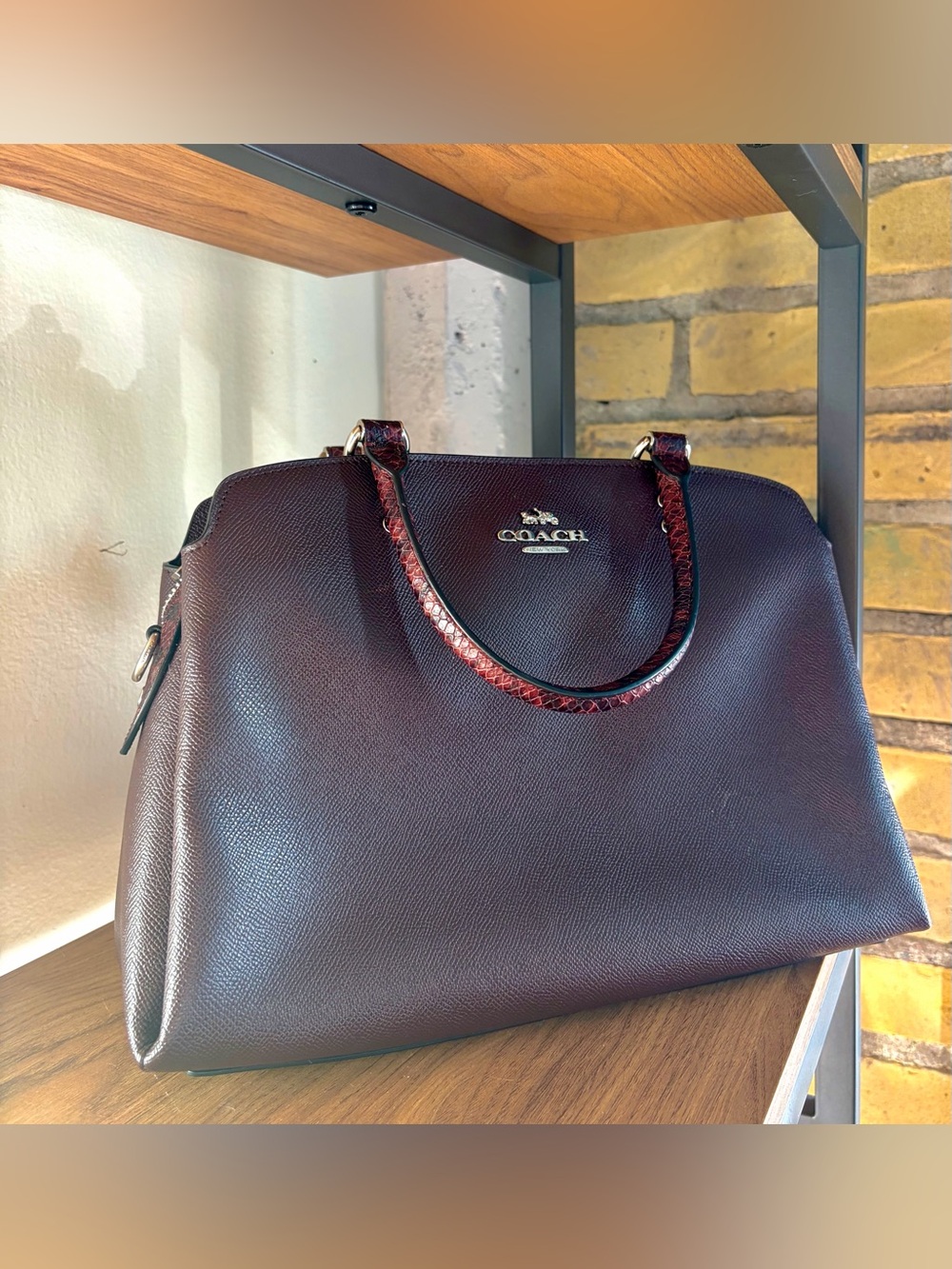 COACH Oxblood Leather Lillie Carryall Satchel Python Snakeskin Trim Bag C1784